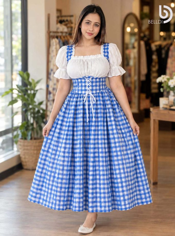 CHECKERED PUFF SLEEVE CORSET FLARED LONG FROCK