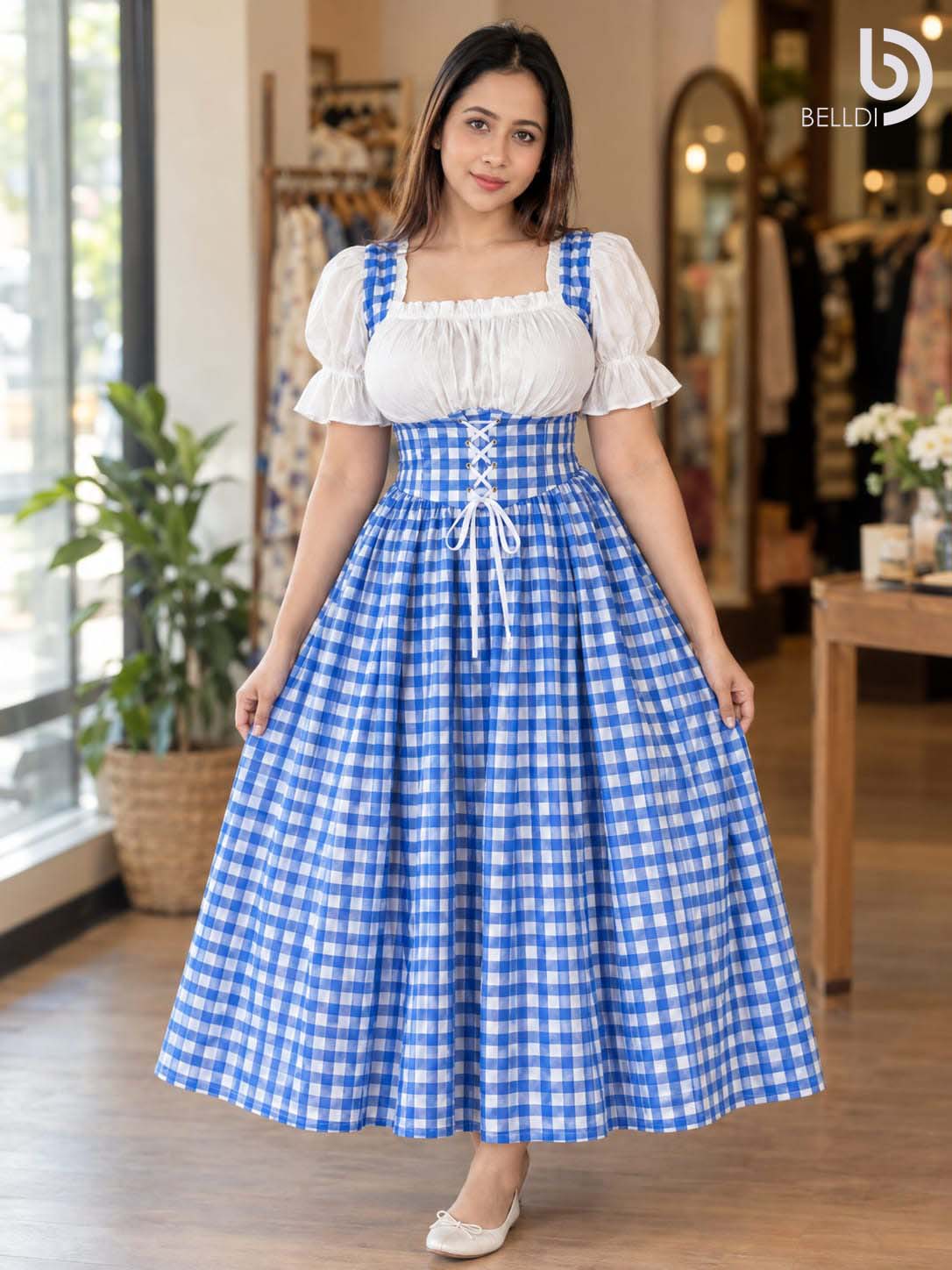 CHECKERED PUFF SLEEVE CORSET FLARED LONG FROCK - Image 2