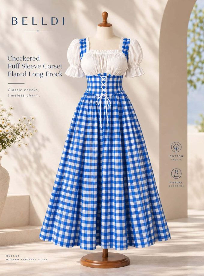 CHECKERED PUFF SLEEVE CORSET FLARED LONG FROCK