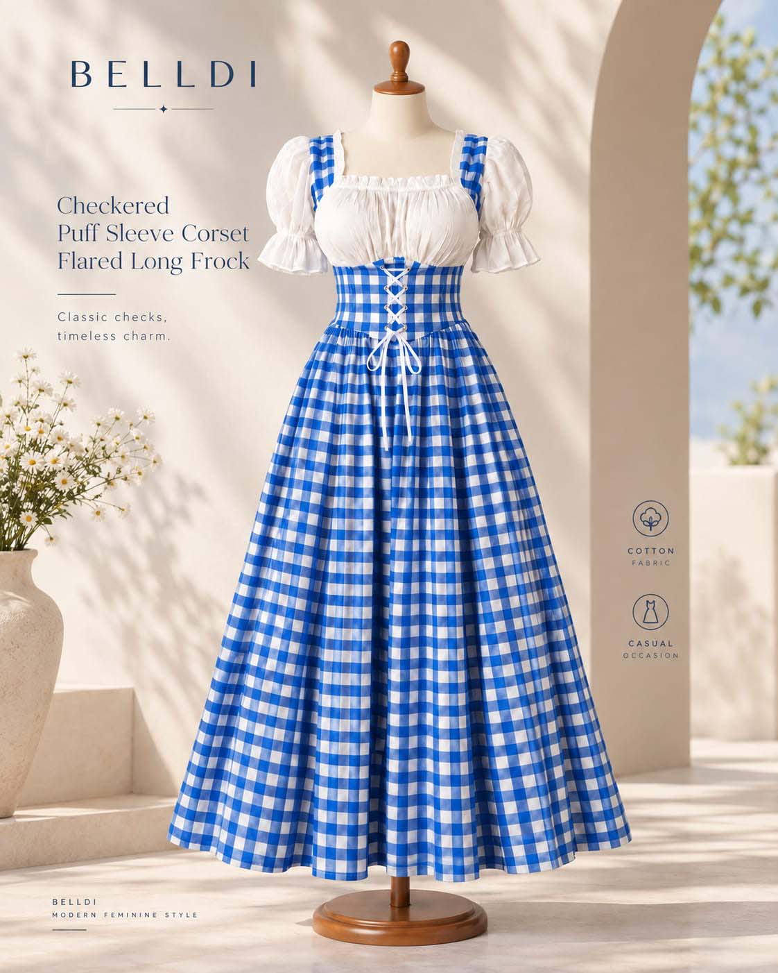 CHECKERED PUFF SLEEVE CORSET FLARED LONG FROCK - Image 3