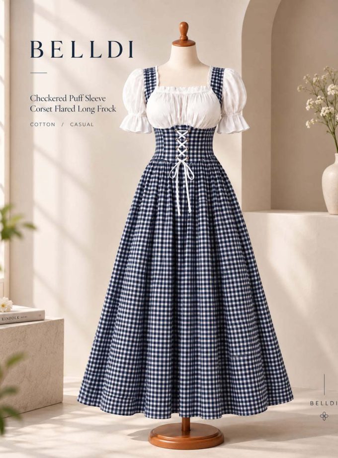 CHECKERED PUFF SLEEVE CORSET FLARED LONG FROCK