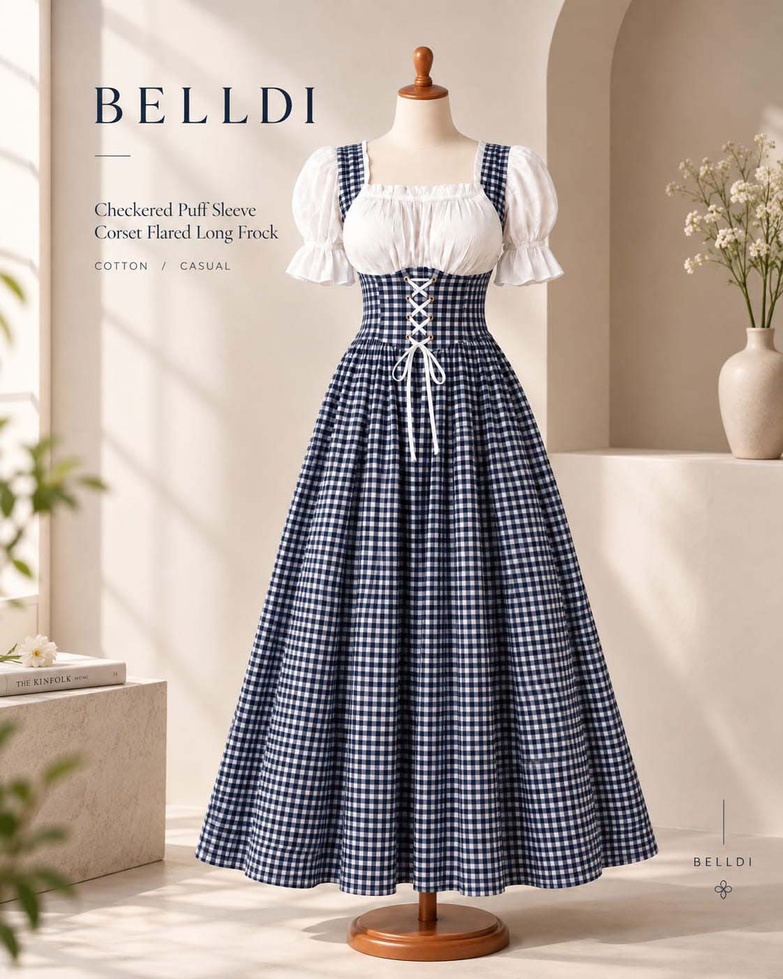 CHECKERED PUFF SLEEVE CORSET FLARED LONG FROCK - Image 3