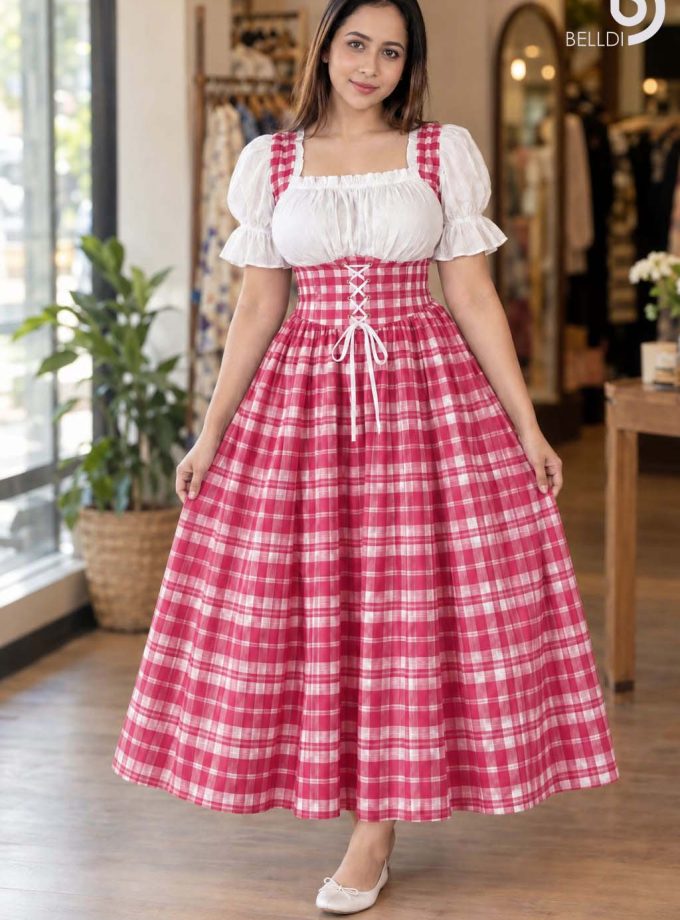 CHECKERED PUFF SLEEVE CORSET FLARED LONG FROCK
