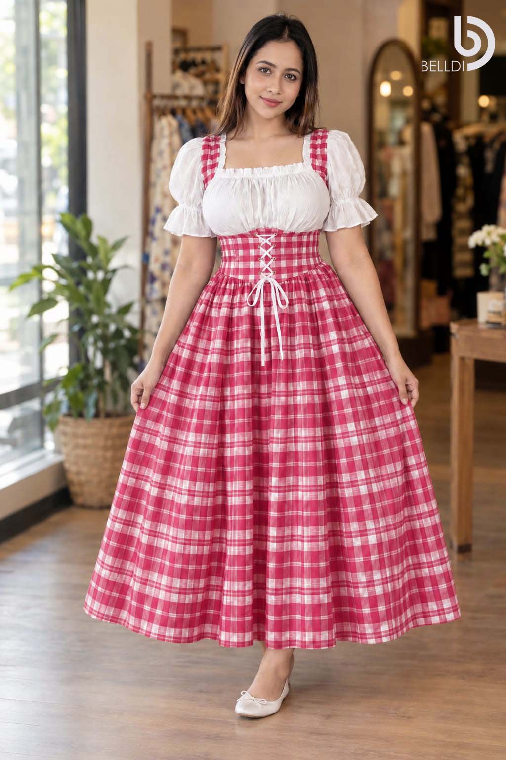 CHECKERED PUFF SLEEVE CORSET FLARED LONG FROCK - Image 2