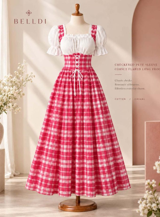 CHECKERED PUFF SLEEVE CORSET FLARED LONG FROCK
