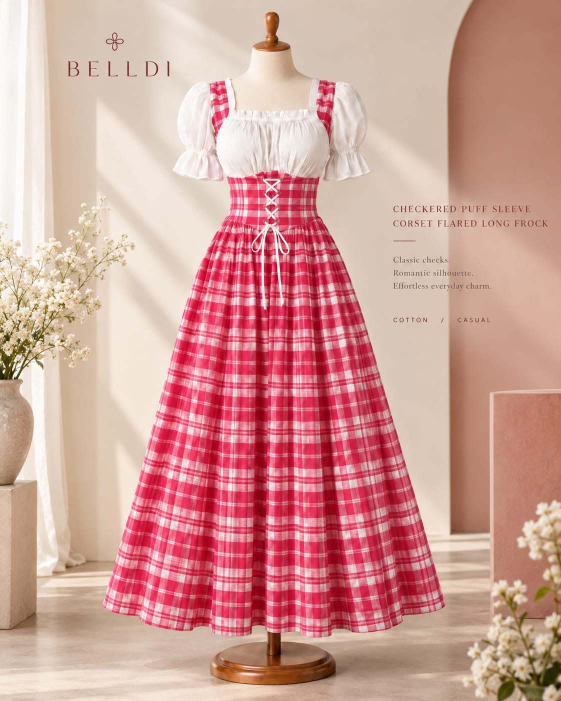 CHECKERED PUFF SLEEVE CORSET FLARED LONG FROCK - Image 3