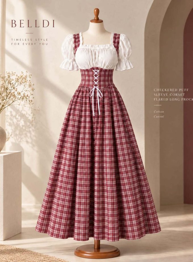 CHECKERED PUFF SLEEVE CORSET FLARED LONG FROCK