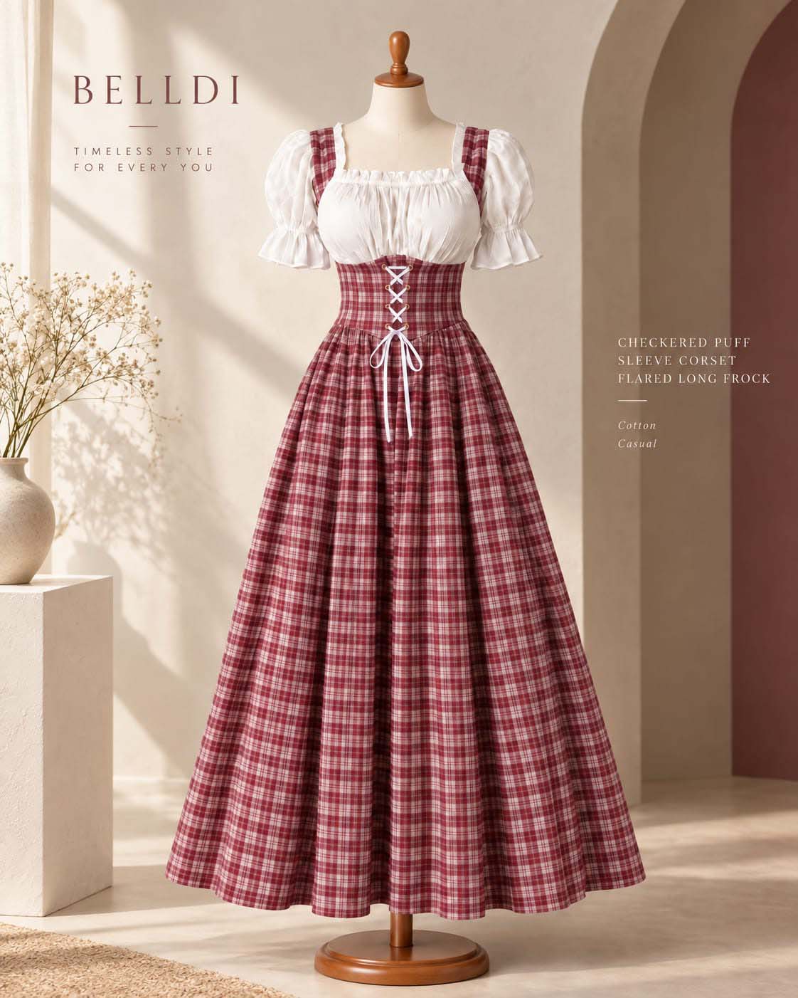 CHECKERED PUFF SLEEVE CORSET FLARED LONG FROCK - Image 3