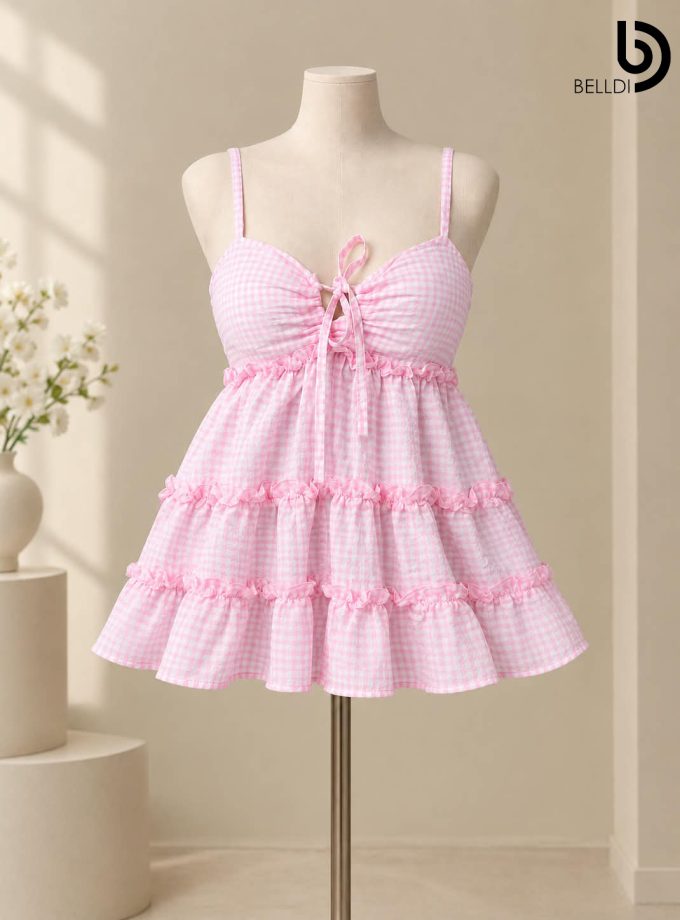 GINGHAM RUFFLE TIERED MINI DRESS