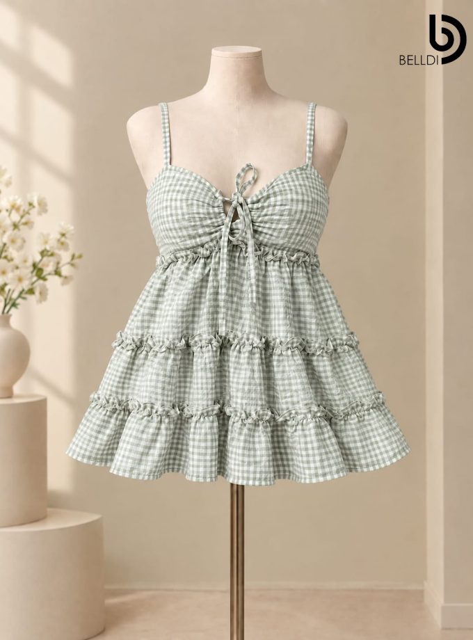 GINGHAM RUFFLE TIERED MINI DRESS