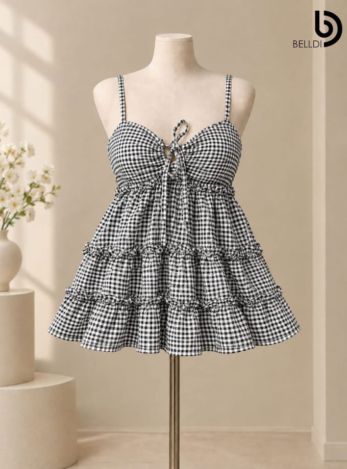 GINGHAM RUFFLE TIERED MINI DRESS