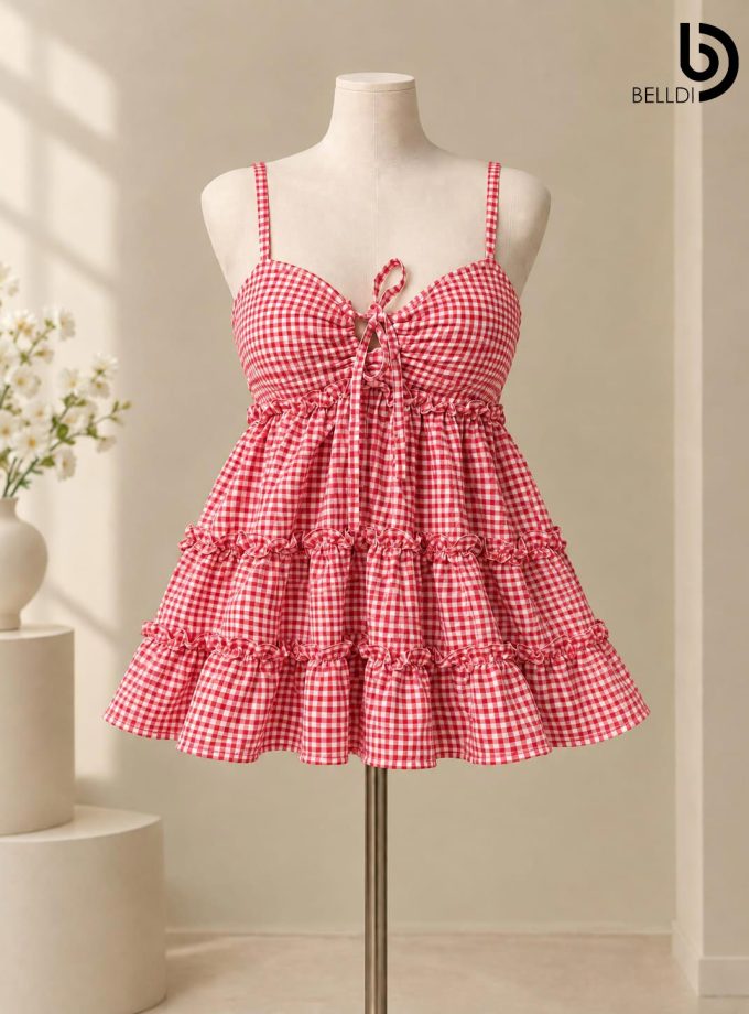 GINGHAM RUFFLE TIERED MINI DRESS