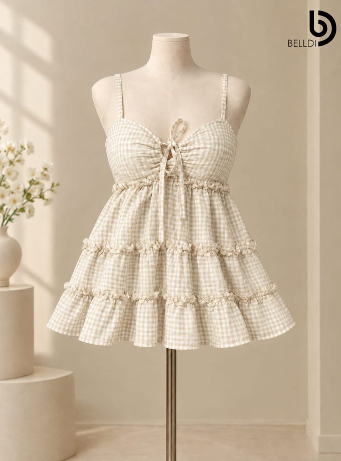 GINGHAM RUFFLE TIERED MINI DRESS