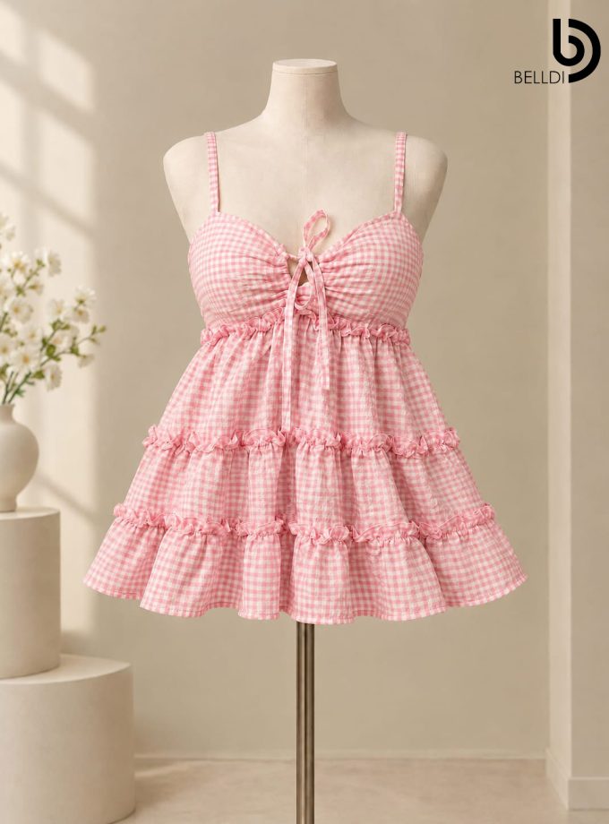 GINGHAM RUFFLE TIERED MINI DRESS