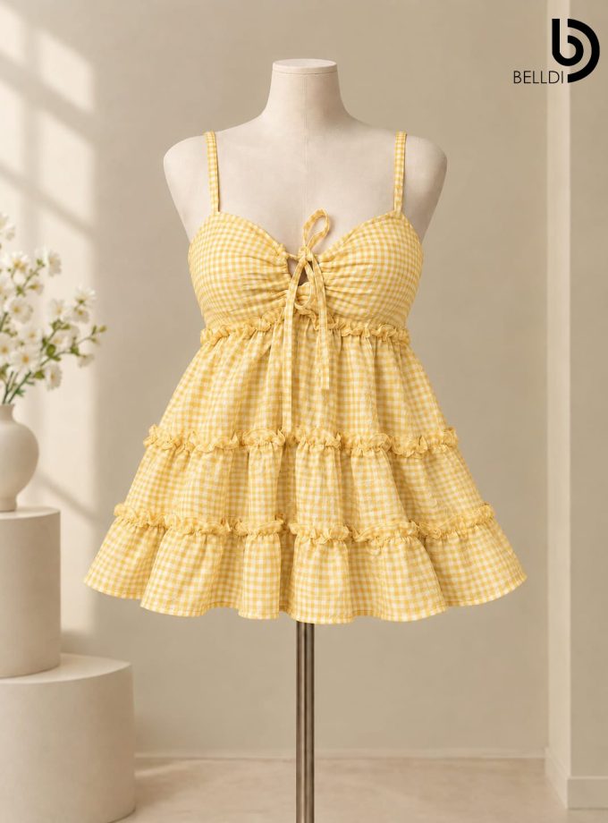 GINGHAM RUFFLE TIERED MINI DRESS