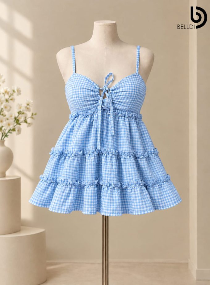 GINGHAM RUFFLE TIERED MINI DRESS