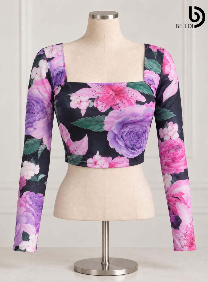 FLORAL SQUARE NECK LONG SLEEVE CROP TOP