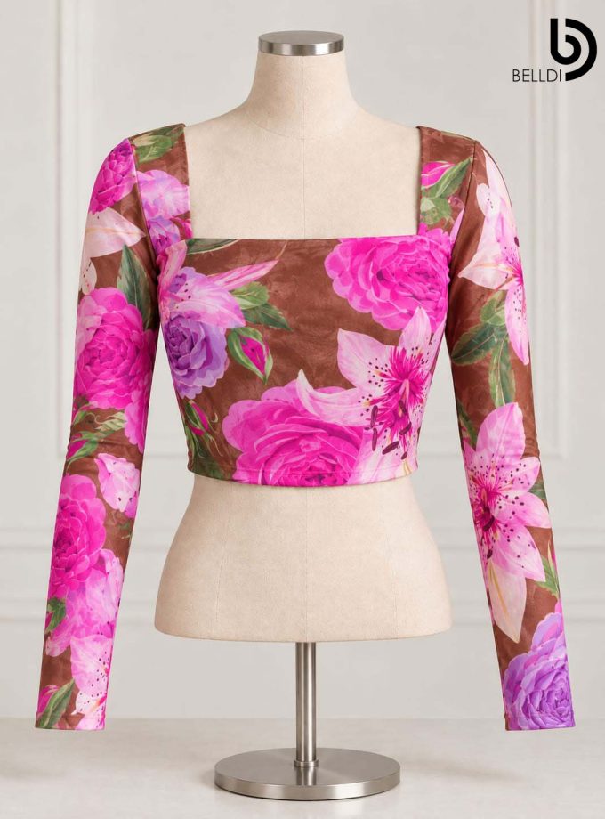 FLORAL SQUARE NECK LONG SLEEVE CROP TOP