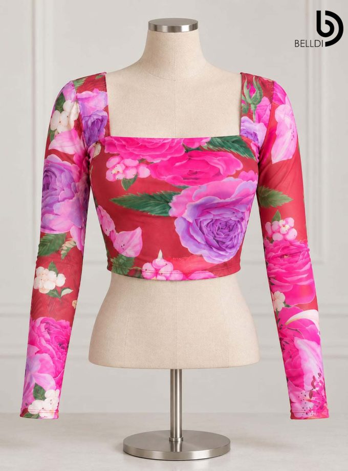 FLORAL SQUARE NECK LONG SLEEVE CROP TOP