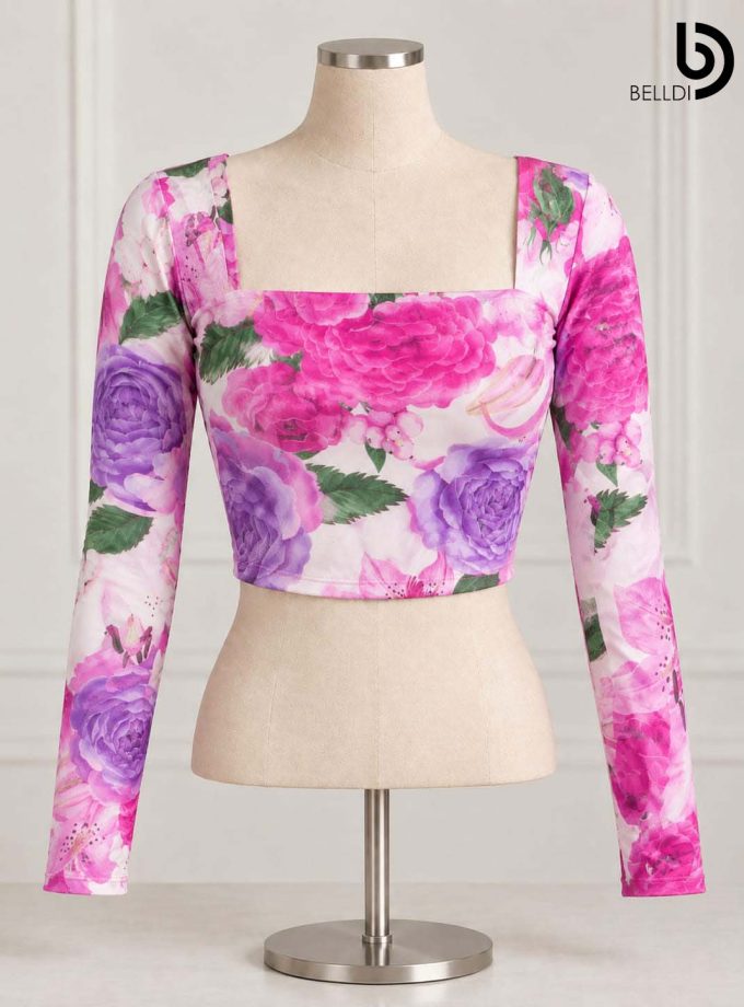 FLORAL SQUARE NECK LONG SLEEVE CROP TOP