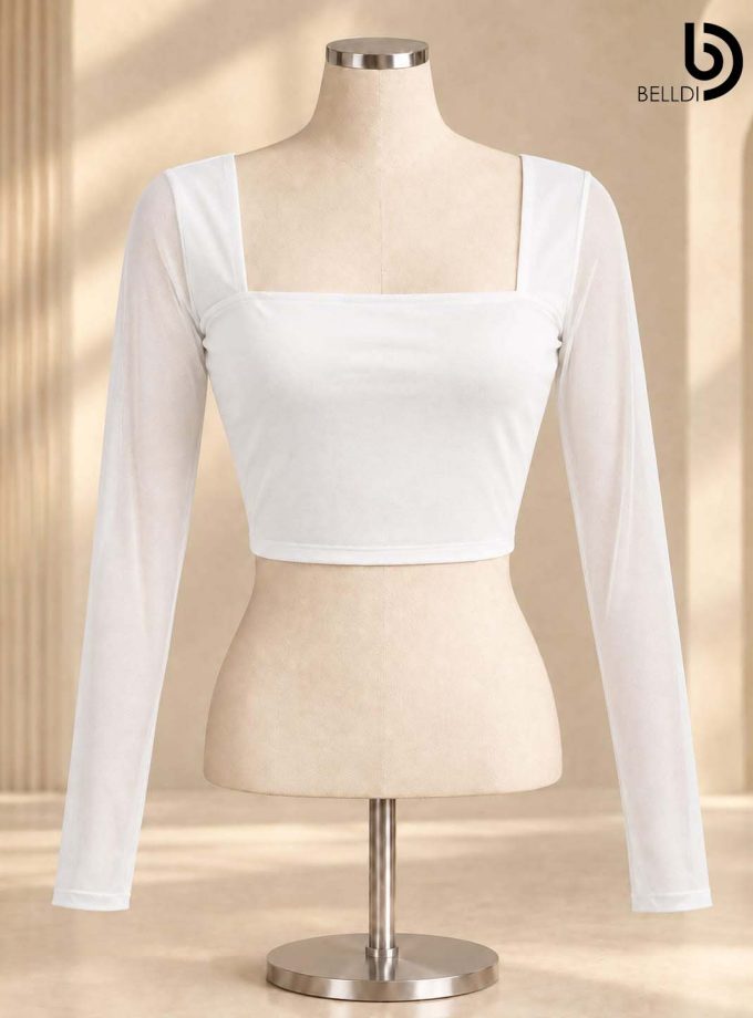 SQUARE NECK SHEER SLEEVE CROP TOP