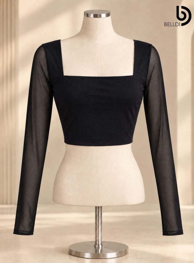 SQUARE NECK SHEER SLEEVE CROP TOP