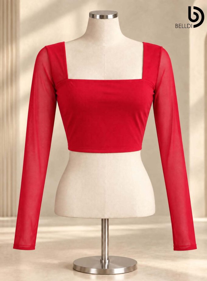 SQUARE NECK SHEER SLEEVE CROP TOP
