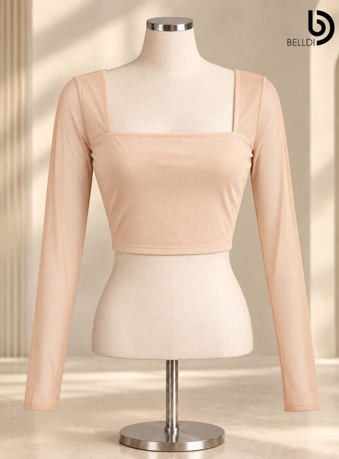 SQUARE NECK SHEER SLEEVE CROP TOP