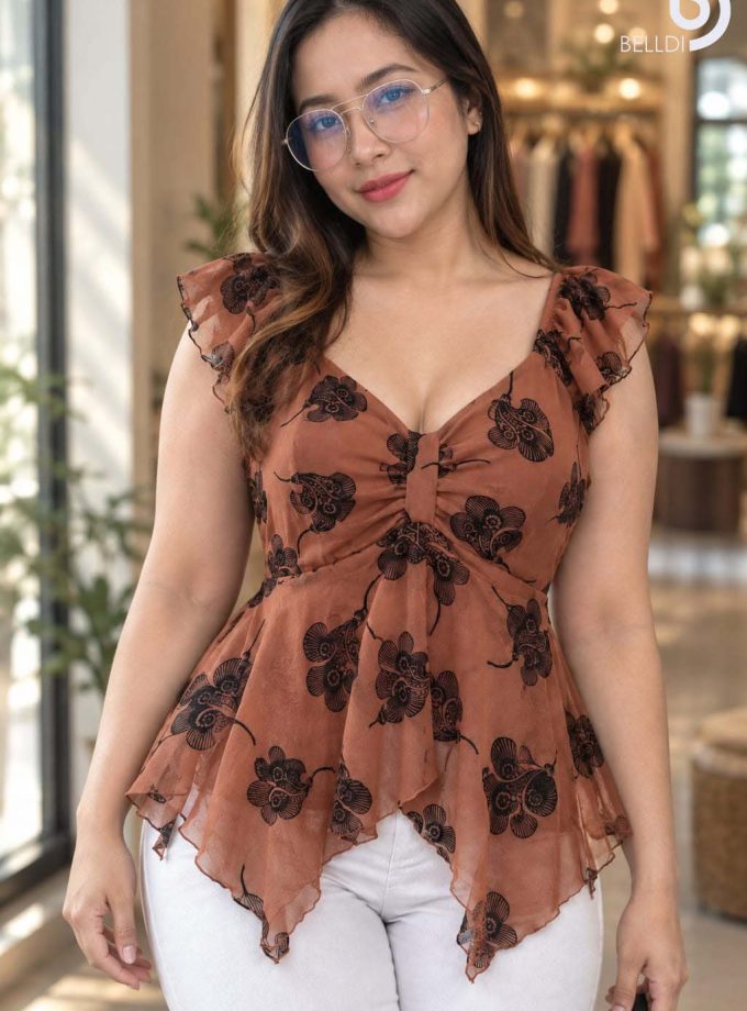 FLORAL PRINTED LACE FLUTTER SLEEVE TOP