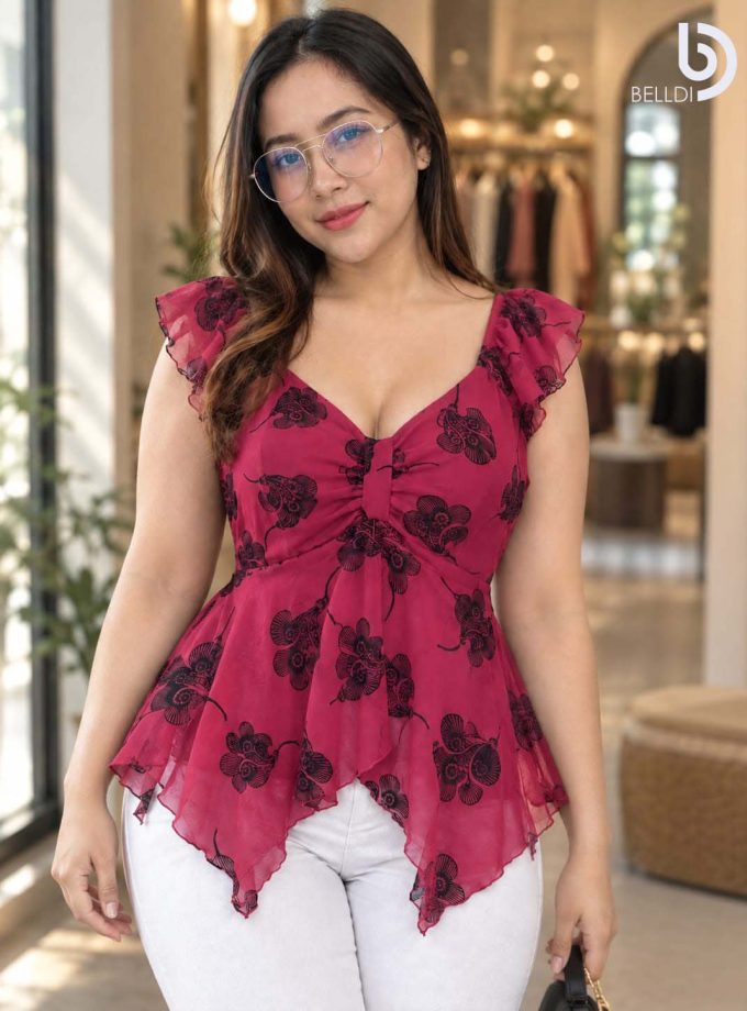 FLORAL PRINTED LACE FLUTTER SLEEVE TOP