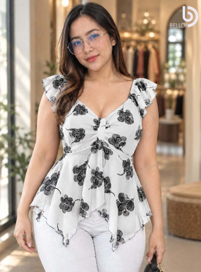 FLORAL PRINTED LACE FLUTTER SLEEVE TOP