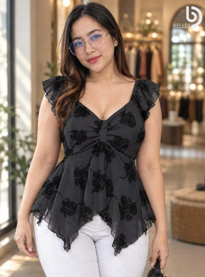 FLORAL PRINTED LACE FLUTTER SLEEVE TOP