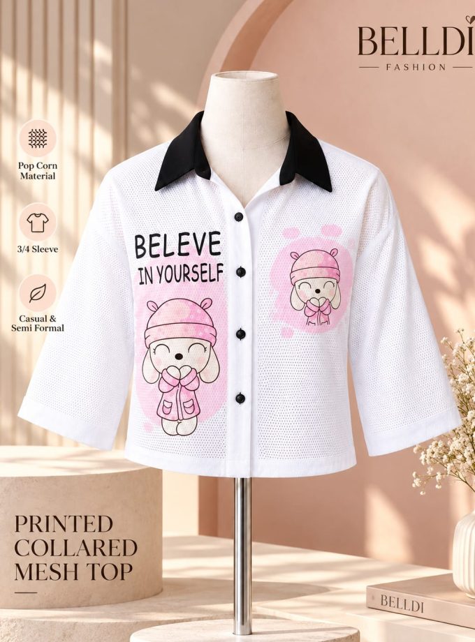 PRINTED COLLARED MESH TOP