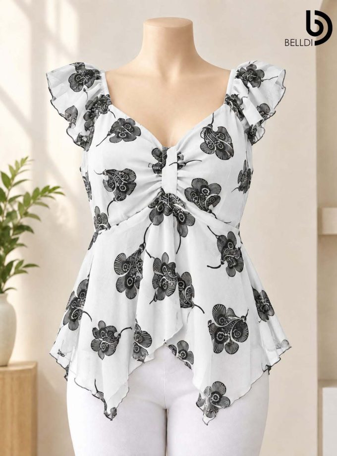 FLORAL PRINTED LACE FLUTTER SLEEVE TOP