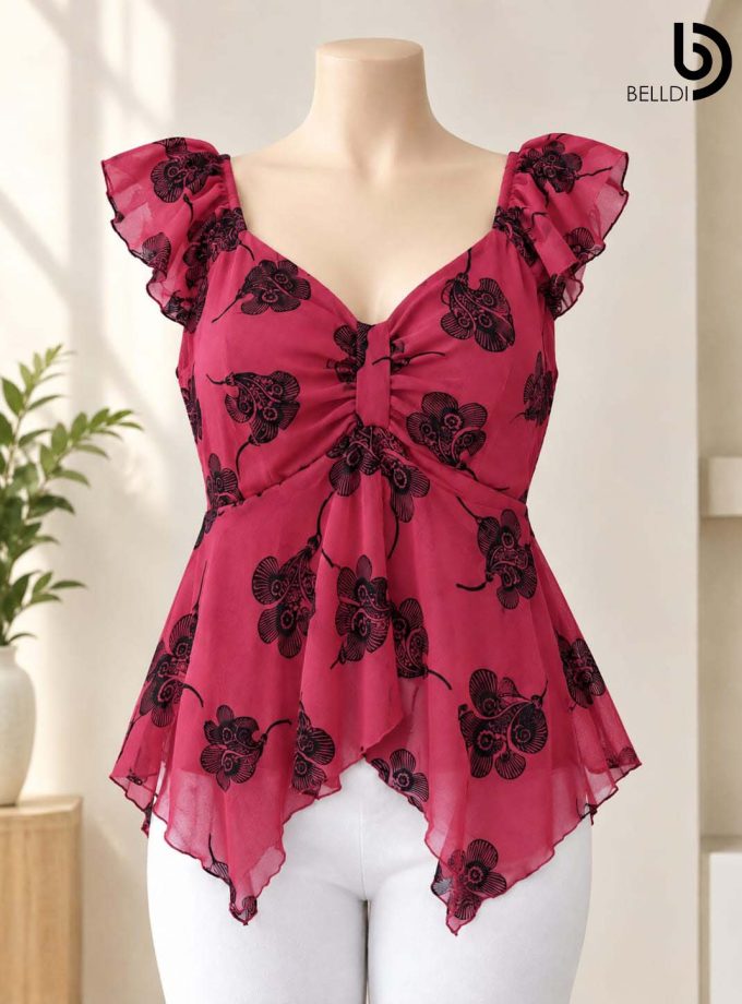FLORAL PRINTED LACE FLUTTER SLEEVE TOP