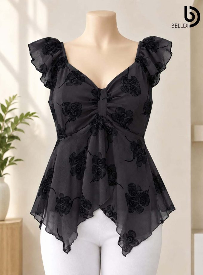 FLORAL PRINTED LACE FLUTTER SLEEVE TOP