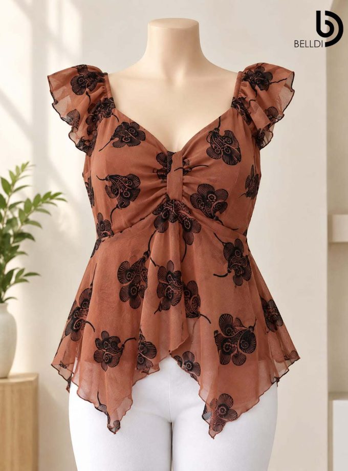 FLORAL PRINTED LACE FLUTTER SLEEVE TOP