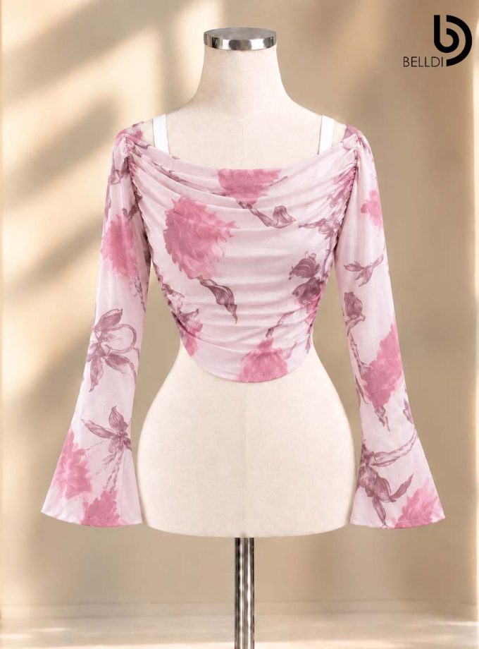 PASTEL FLORAL DRAPED LONG SLEEVE CROP TOP