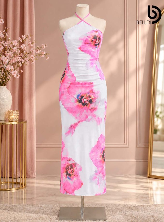 FLORAL PRINT HALTER NECK MAXI BODYCON DRESS
