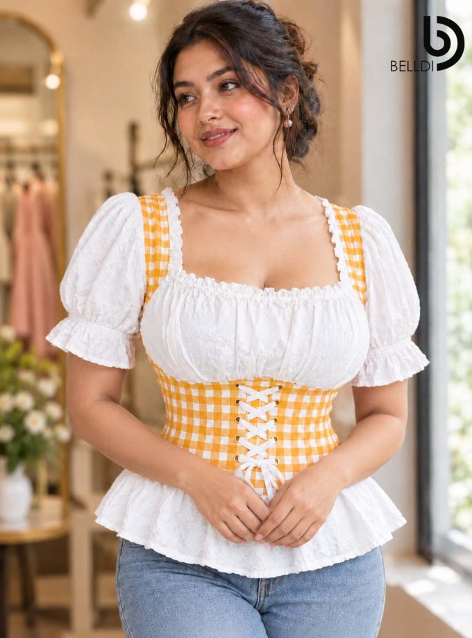YELLOW GINGHAM CORSET DETAIL PUFF SLEEVE TOP