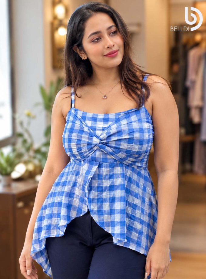 BLUE CHECKERED FRONT GATHERED DRESS
