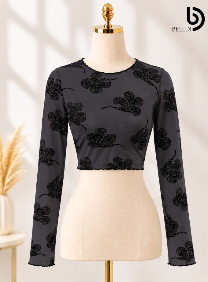 FLORAL TEXTURED LONG SLEEVE CROP TOP