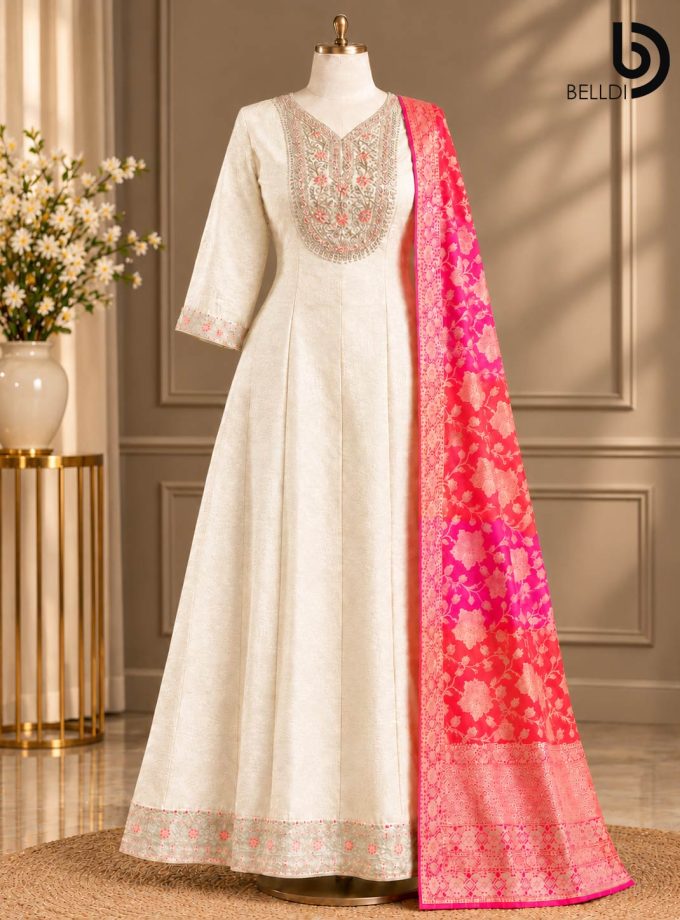 EMBROIDERED ANARKALI LONG DRESS WITH SHAWL