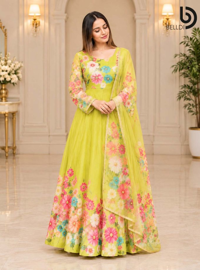 GULNAAR FLORAL ANARKALI LONG DRESS WITH SHAWL