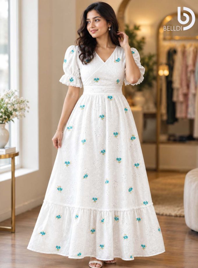 FLORAL EMBROIDERED EYELET MAXI DRESS