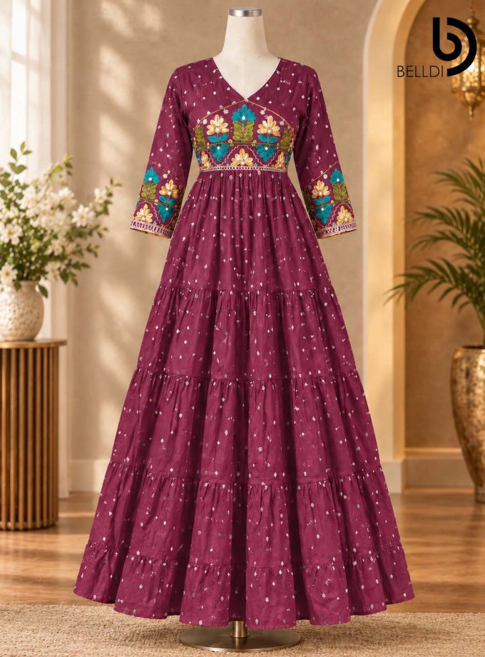 FLORAL EMBROIDERED TIERED INDIAN LONG FROCK
