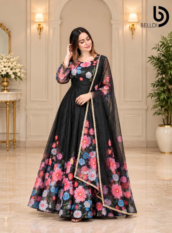 GULNAAR FLORAL ANARKALI LONG DRESS WITH SHAWL