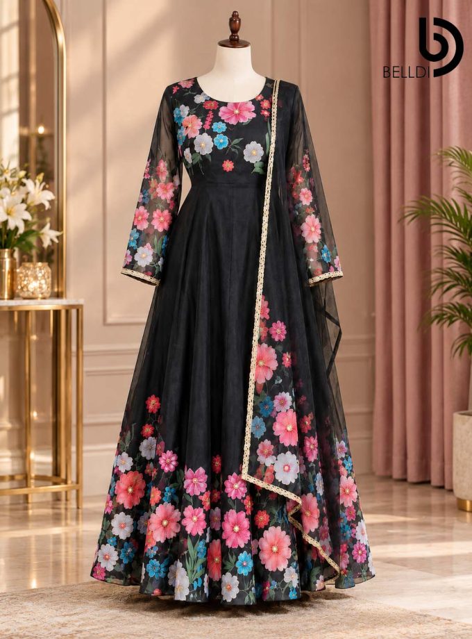GULNAAR FLORAL ANARKALI LONG DRESS WITH SHAWL