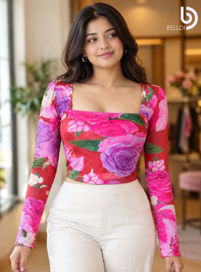 FLORAL SQUARE NECK LONG SLEEVE CROP TOP