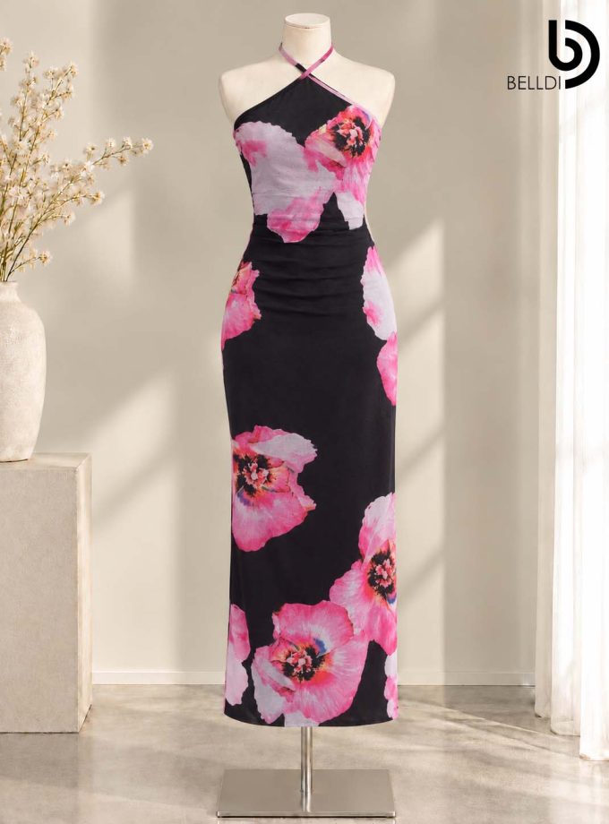 FLORAL PRINT HALTER NECK MAXI BODYCON DRESS